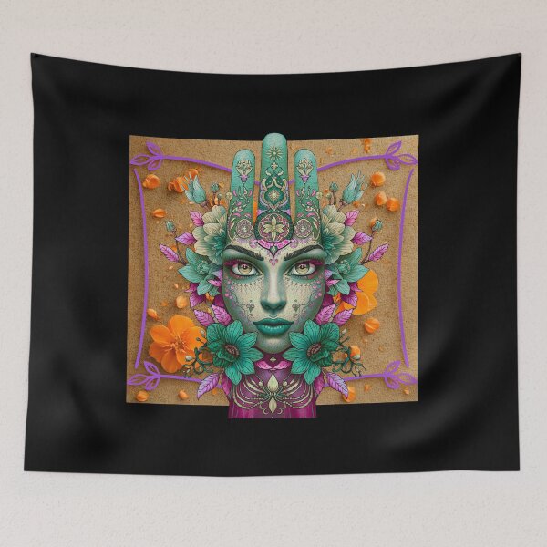 Item preview, Mystical Female Face with Floral Hamsa Hand – Spiritual Art of Protection and Inner Energy designed and sold by JuanaDesigns.
