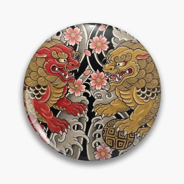 Item preview, Japanese Foo Dogs in Red & Gold with Clouds and Cherry Blossoms – Guardian Lion Art designed and sold by unthinkabletees.