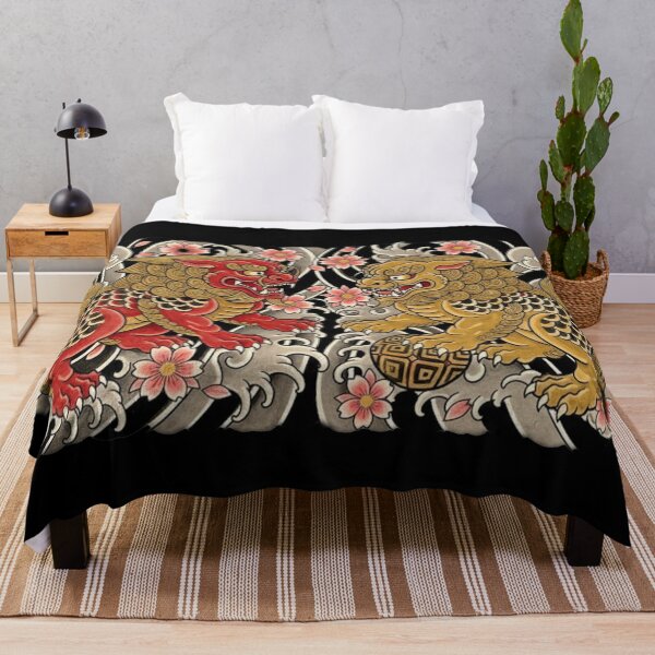 Item preview, Japanese Foo Dogs in Red & Gold with Clouds and Cherry Blossoms – Guardian Lion Art designed and sold by unthinkabletees.