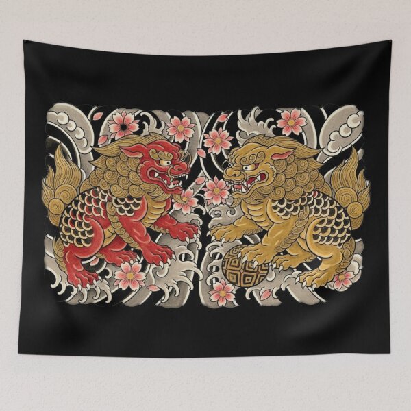 Item preview, Japanese Foo Dogs in Red & Gold with Clouds and Cherry Blossoms – Guardian Lion Art designed and sold by unthinkabletees.