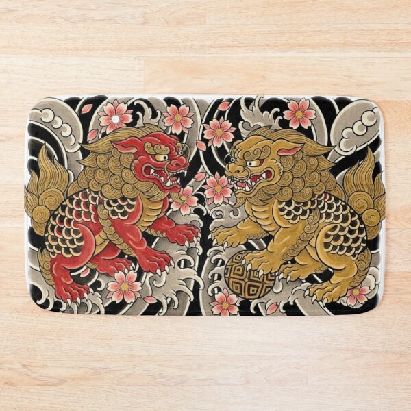 Item preview, Japanese Foo Dogs in Red & Gold with Clouds and Cherry Blossoms – Guardian Lion Art designed and sold by unthinkabletees.