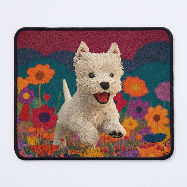 Item preview, Whimsical Knitted Style Westie Puppy Running in Colorful Flower Field designed and sold by skibreck.