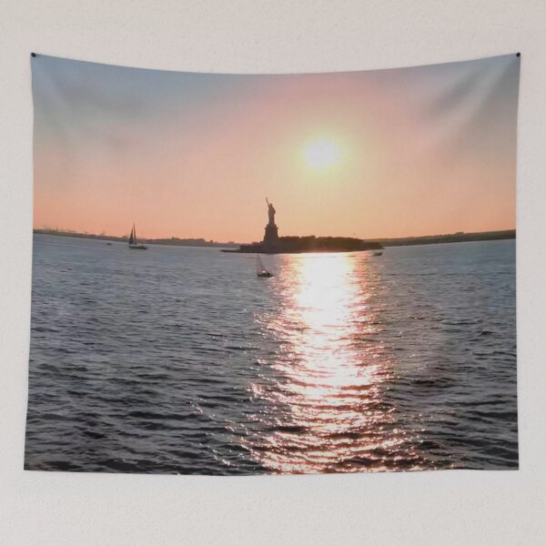 Item preview, Sun setting over our Lady Liberty designed and sold by NYConlineStore.