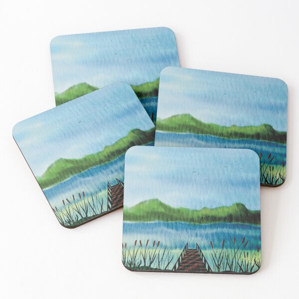 Item preview, Watercolor Painting Hills and Water Dock and Cattails Digital Art designed and sold by HydrangeaDelMar.