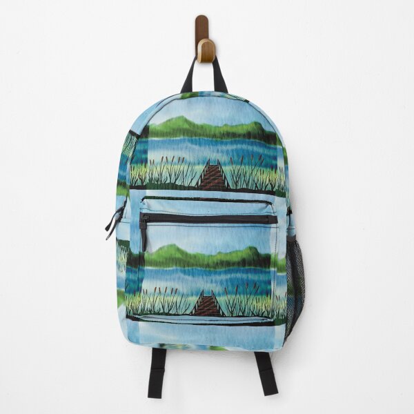 Item preview, Watercolor Painting Hills and Water Dock and Cattails Digital Art designed and sold by HydrangeaDelMar.