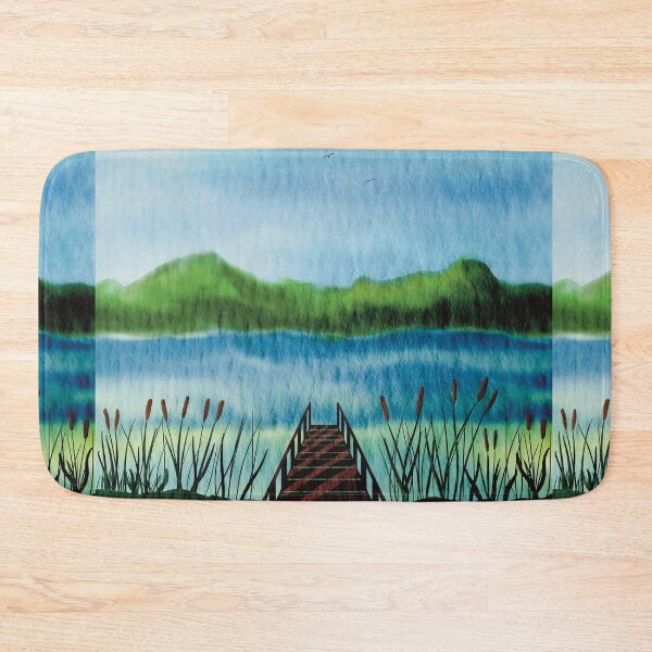 Item preview, Watercolor Painting Hills and Water Dock and Cattails Digital Art designed and sold by HydrangeaDelMar.