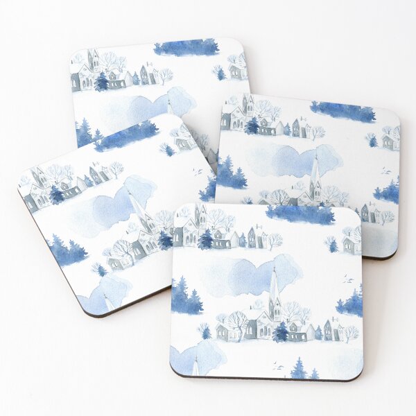 Item preview, Blue Winter Village Watercolor Pattern designed and sold by Auravera Designs.