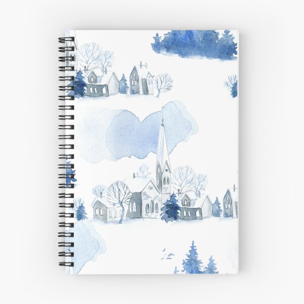 Aperçu de l'œuvre Motif aquarelle de village d'hiver bleu créée et vendue par Auravera Designs.