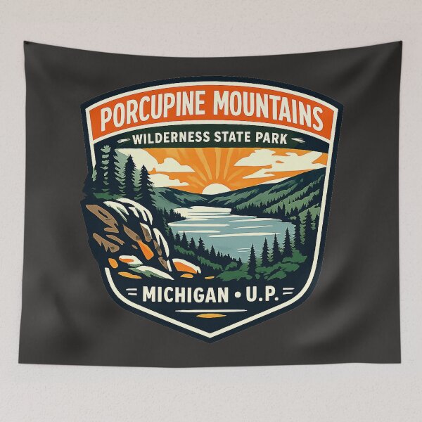 Item preview, Porcupine Mountains Wilderness State Park Michigan Retro Badge designed and sold by American Travels.