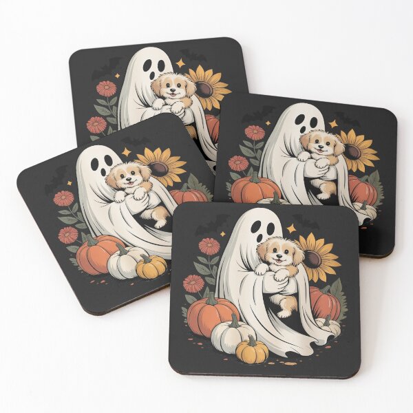 Item preview, Halloween Ghost Aussie Dog Autumn Flowers Pumpkins designed and sold by Rackaam.