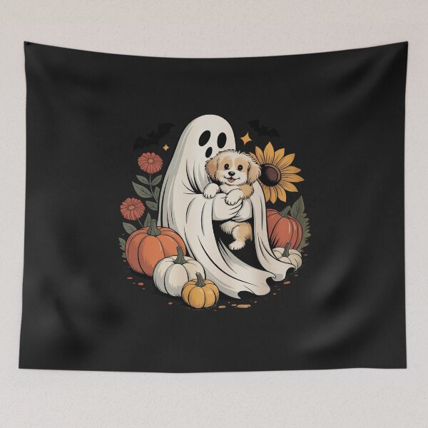 Item preview, Halloween Ghost Aussie Dog Autumn Flowers Pumpkins designed and sold by Rackaam.
