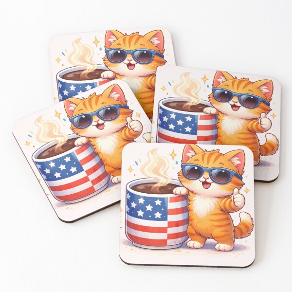 Item preview, Cute American Cat with Coffee – Thumbs Up Cartoon designed and sold by NomadUSArt.