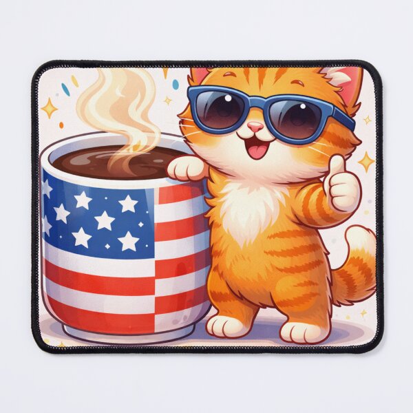 Item preview, Cute American Cat with Coffee – Thumbs Up Cartoon designed and sold by NomadUSArt.