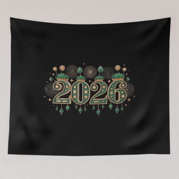 Item preview, Stylized 2026 New Year Design – Green and Gold Fireworks with Ornaments T-shirt designed and sold by FestivityFinds.