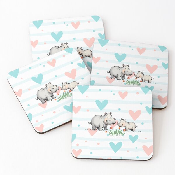 Item preview, Mama Hippo and Baby. Happy Baby Hippopotamus. Hearts Background designed and sold by SofikoDesigns.