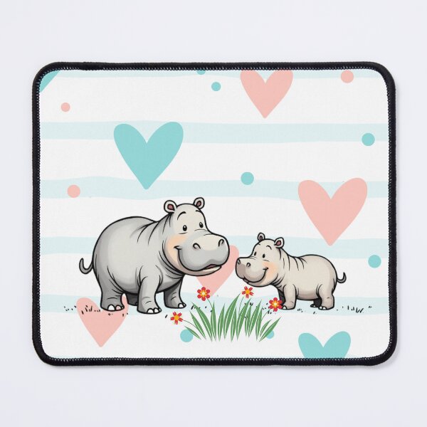 Item preview, Mama Hippo and Baby. Happy Baby Hippopotamus. Hearts Background designed and sold by SofikoDesigns.