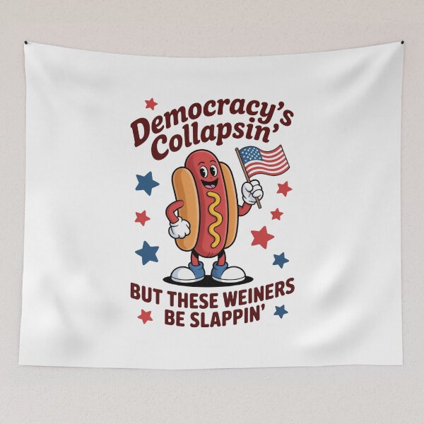 Item preview, Democracy’s Collapsin’ Satirical Hot Dog Political Illustration designed and sold by flagylART.