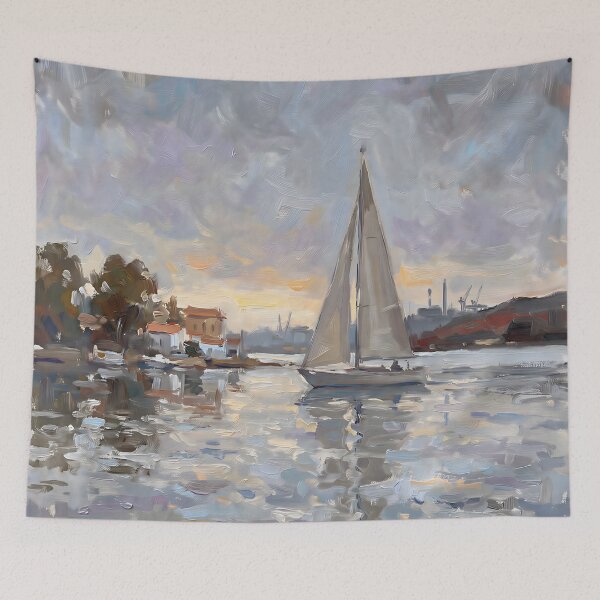 Item preview, Impressionist Sailboat Sunset Harbor Poster, Monet Style Yacht Golden Hour Waterscape, Coastal Seascape Wall Art Print Nautical Decor designed and sold by AbstractAuraArt.
