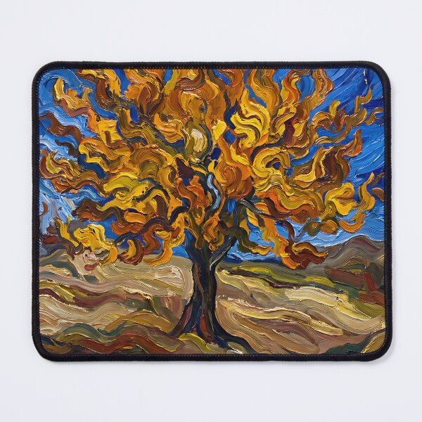 Item preview, Expressionist Fiery Autumn Tree Poster Van Gogh Style, Swirling Orange Yellow Mulberry Landscape Wall Art, Bold Fall Foliage Print designed and sold by AbstractAuraArt.