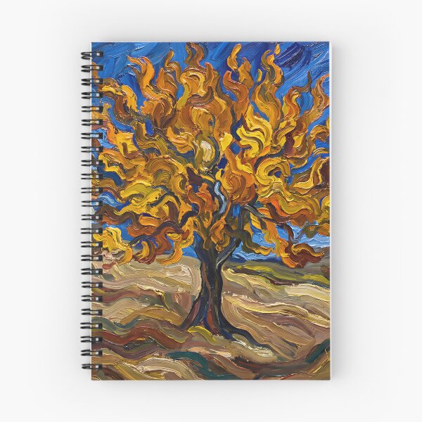 Item preview, Expressionist Fiery Autumn Tree Poster Van Gogh Style, Swirling Orange Yellow Mulberry Landscape Wall Art, Bold Fall Foliage Print designed and sold by AbstractAuraArt.