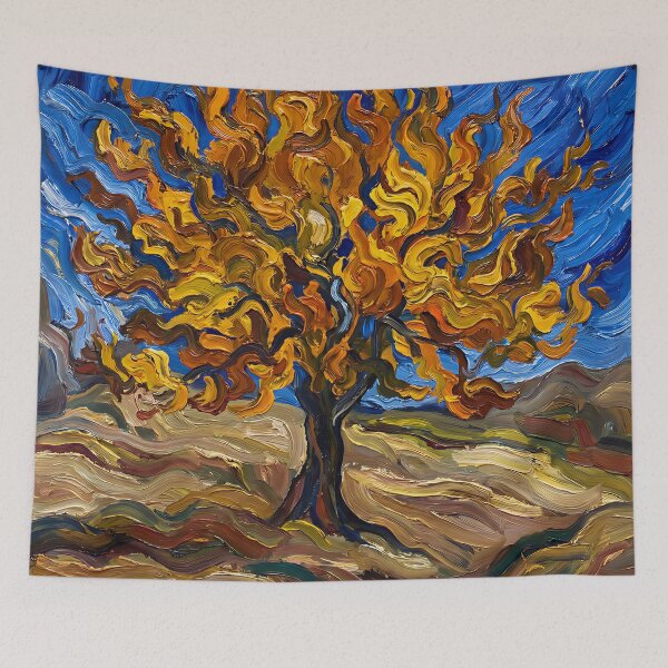 Item preview, Expressionist Fiery Autumn Tree Poster Van Gogh Style, Swirling Orange Yellow Mulberry Landscape Wall Art, Bold Fall Foliage Print designed and sold by AbstractAuraArt.