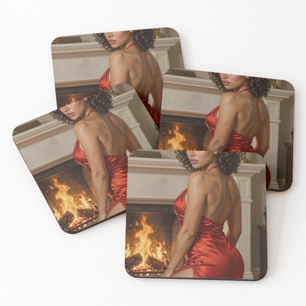 Item preview, Sarah in red satin dress poses by fireplace flame designed and sold by CathryneDelamort.