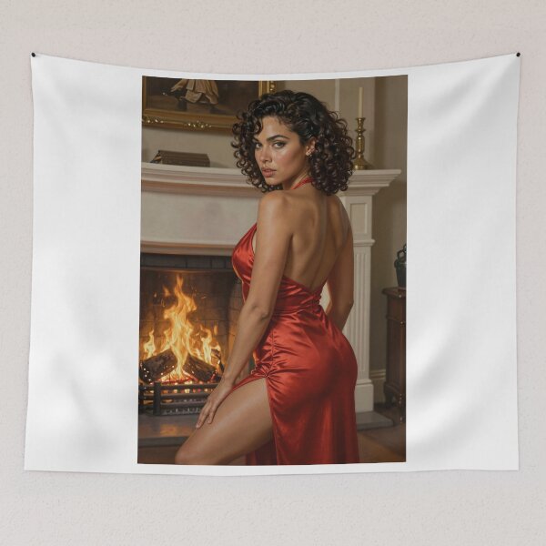 Item preview, Sarah in red satin dress poses by fireplace flame designed and sold by CathryneDelamort.