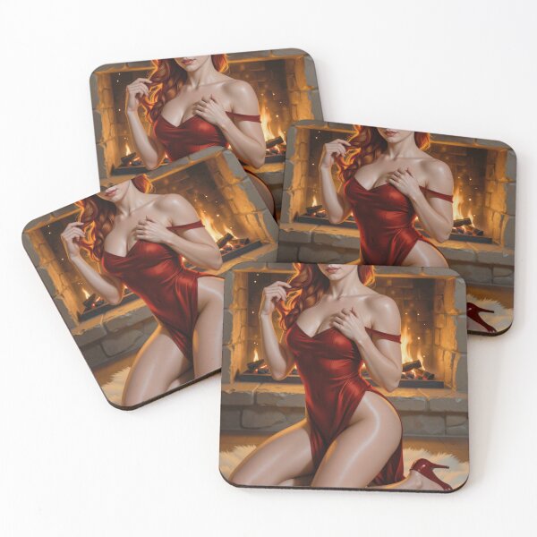 Item preview, Rowan in red dress with flame fireplace behind her designed and sold by CathryneDelamort.