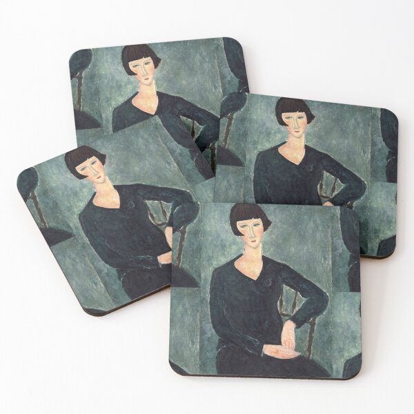 Item preview, Seated Woman in Blue Dress by Amedeo Modigliani: Modernist Portrait Poster designed and sold by artofuniverse.