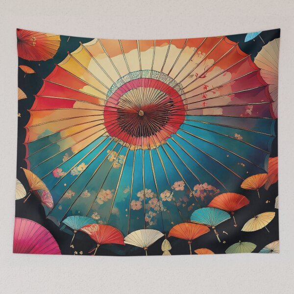 Item preview, Colorful Japanese parasols on a black background designed and sold by Photopat.