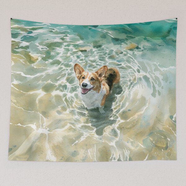 Item preview, A cheerful Corgi playing in a gentle seaside tide pool, Dogs in Motion designed and sold by CDC40.