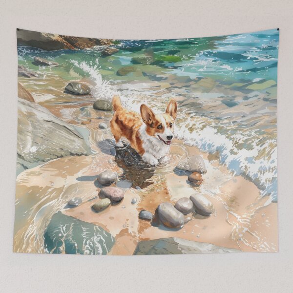 Item preview, A cheerful Corgi playing in a gentle seaside tide pool, Dogs in Motion designed and sold by CDC40.