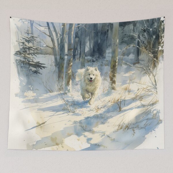 Item preview, A Samoyed bounding through a snowy forest, Dogs in Motion designed and sold by CDC40.