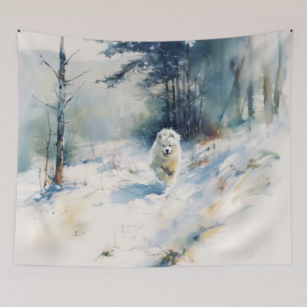 Item preview, A Samoyed bounding through a snowy forest, Dogs in Motion designed and sold by CDC40.