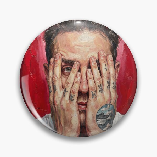 Item preview, Tattooed Man Portrait Red Background Hyperrealist Print, Hands Covering Face Expressionist Wall Art, Modern Tattoo Hands Canvas Decor designed and sold by AbstractAuraArt.