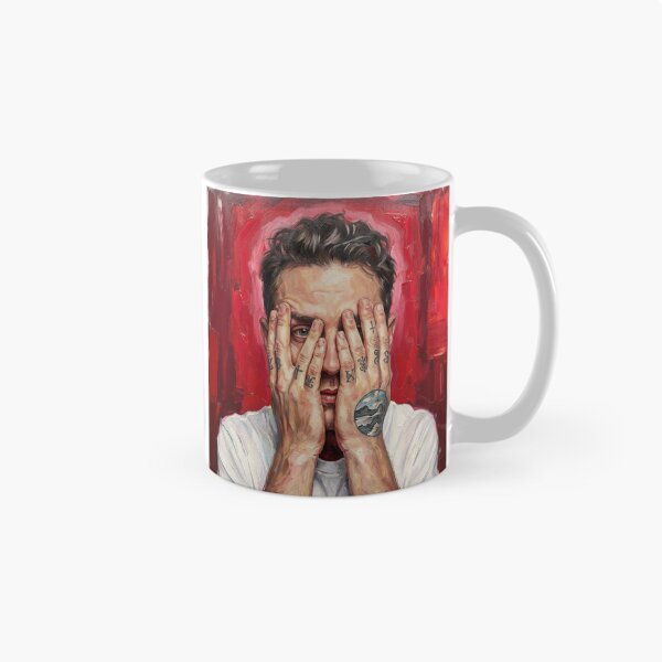 Item preview, Tattooed Man Portrait Red Background Hyperrealist Print, Hands Covering Face Expressionist Wall Art, Modern Tattoo Hands Canvas Decor designed and sold by AbstractAuraArt.
