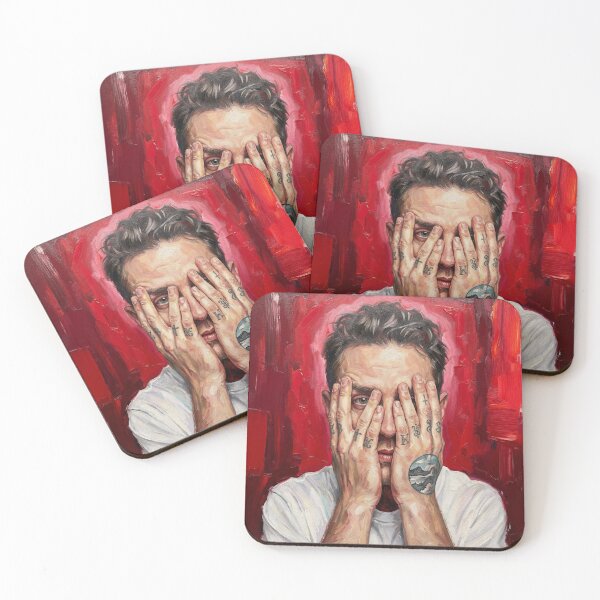 Item preview, Tattooed Man Portrait Red Background Hyperrealist Print, Hands Covering Face Expressionist Wall Art, Modern Tattoo Hands Canvas Decor designed and sold by AbstractAuraArt.