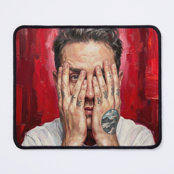 Item preview, Tattooed Man Portrait Red Background Hyperrealist Print, Hands Covering Face Expressionist Wall Art, Modern Tattoo Hands Canvas Decor designed and sold by AbstractAuraArt.