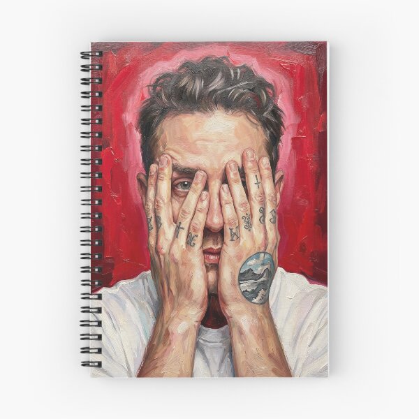 Item preview, Tattooed Man Portrait Red Background Hyperrealist Print, Hands Covering Face Expressionist Wall Art, Modern Tattoo Hands Canvas Decor designed and sold by AbstractAuraArt.