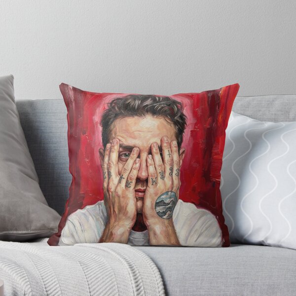 Item preview, Tattooed Man Portrait Red Background Hyperrealist Print, Hands Covering Face Expressionist Wall Art, Modern Tattoo Hands Canvas Decor designed and sold by AbstractAuraArt.