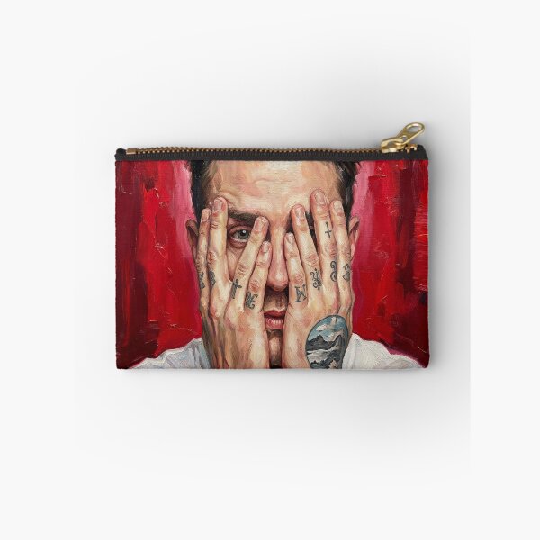 Item preview, Tattooed Man Portrait Red Background Hyperrealist Print, Hands Covering Face Expressionist Wall Art, Modern Tattoo Hands Canvas Decor designed and sold by AbstractAuraArt.
