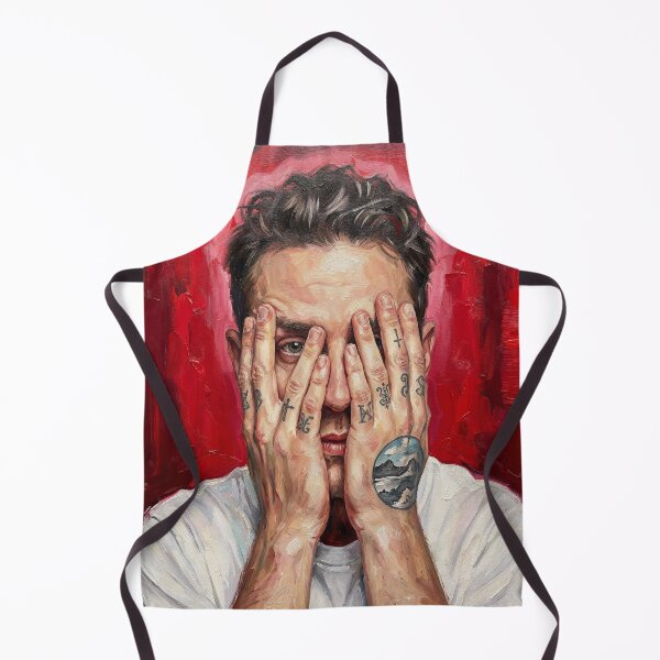Item preview, Tattooed Man Portrait Red Background Hyperrealist Print, Hands Covering Face Expressionist Wall Art, Modern Tattoo Hands Canvas Decor designed and sold by AbstractAuraArt.