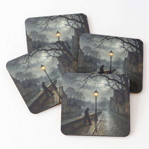 Item preview, Lonely Man Rainy Night Canal Poster Gas Lamp Glow, Moody European Street Scene Wall Art, Gothic Nocturnal Cobblestone Print Decor designed and sold by AbstractAuraArt.