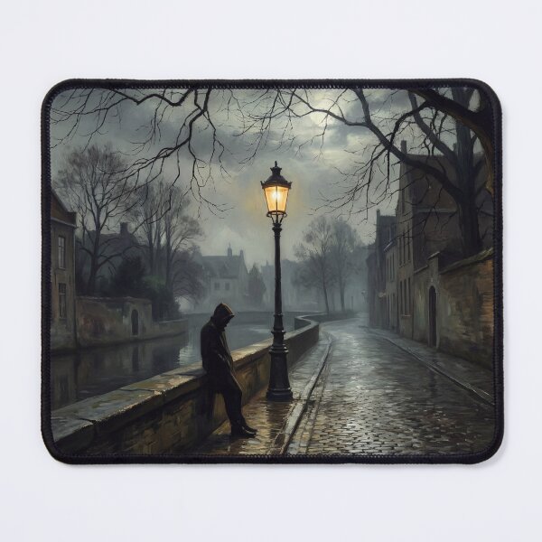 Item preview, Lonely Man Rainy Night Canal Poster Gas Lamp Glow, Moody European Street Scene Wall Art, Gothic Nocturnal Cobblestone Print Decor designed and sold by AbstractAuraArt.