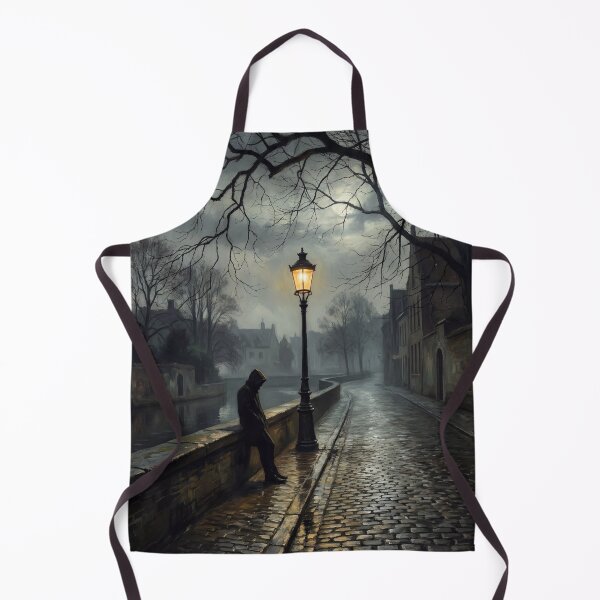 Item preview, Lonely Man Rainy Night Canal Poster Gas Lamp Glow, Moody European Street Scene Wall Art, Gothic Nocturnal Cobblestone Print Decor designed and sold by AbstractAuraArt.