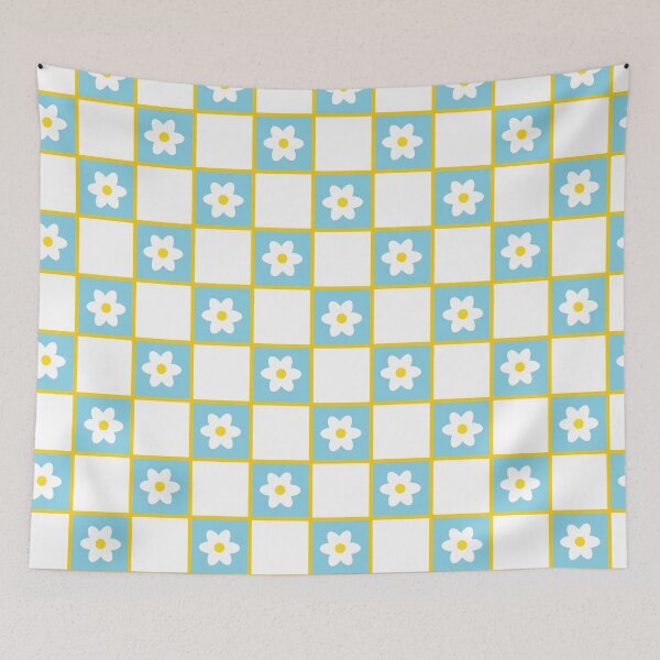 Item preview, Floral pattern with white flowers and blue-white chess designed and sold by LilianGrfld.