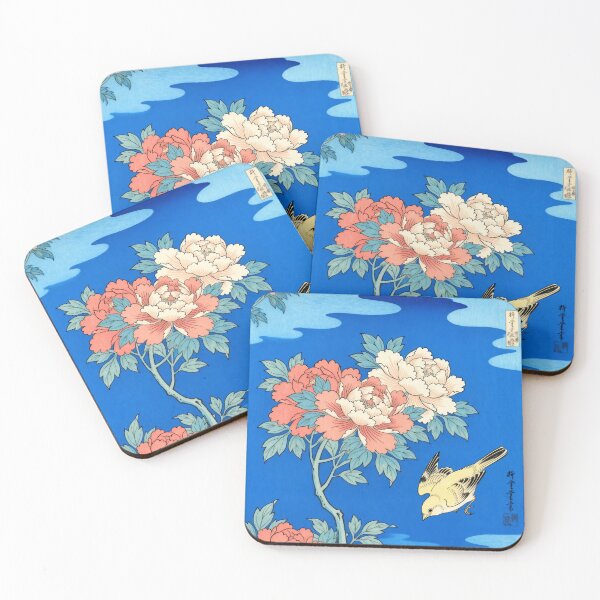 Item preview, Ukiyo-e Peony Bird Poster Hokusai Style, Japanese Woodblock Peonies Canary Print, Vintage Floral Sparrow Wall Art Asian Decor designed and sold by AbstractAuraArt.