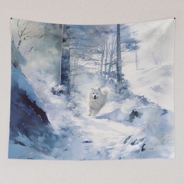 Item preview, A Samoyed bounding through a snowy forest, Dogs in Motion designed and sold by CDC40.