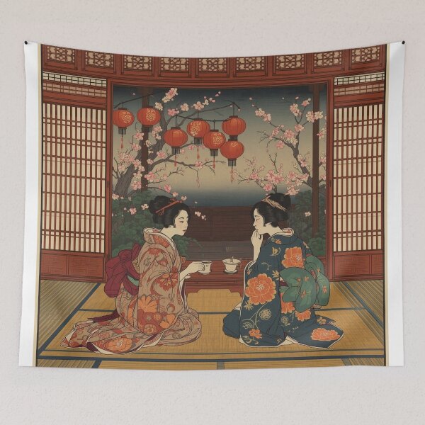 Item preview, Ukiyo E Evening Teahouse Two Women Lantern Interior Art designed and sold by Vandy Fullam.