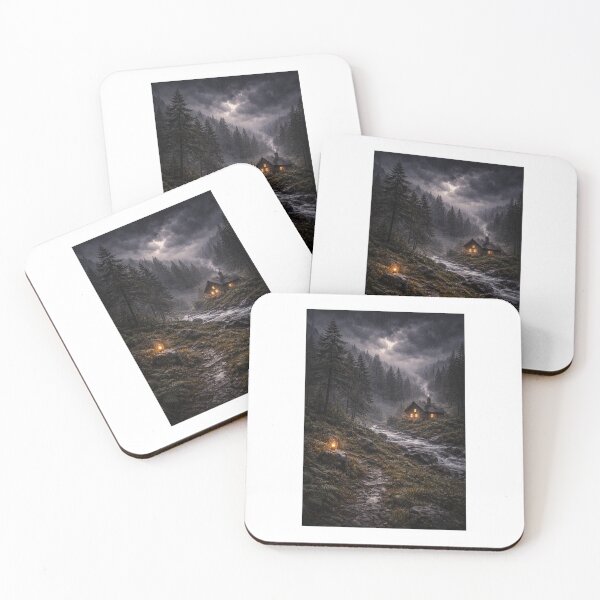 Item preview, Rainy Forest Cabin at Dusk – Moody Woodland Weather Art Print designed and sold by ZoviraDesigns.